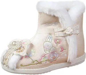 1 Pair Girls Hanfu Shoes Chinese Embroidered Flower Flat Retro Ethnic Slope- Heel Shoes Vintage Floral Silk Shoes