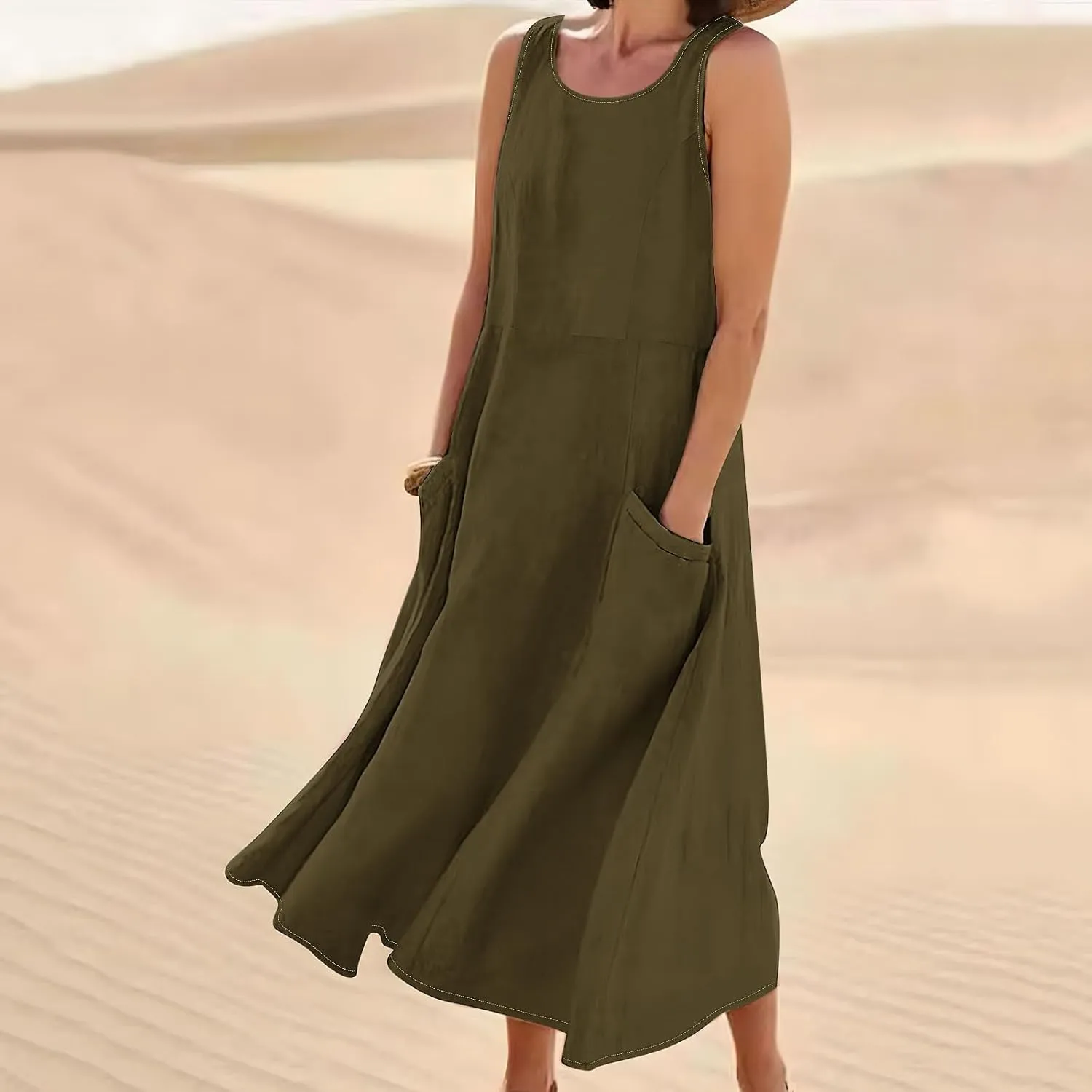 2025 Spring Long Dress for Women Sleeveless Round Neck Pleated Dress Ladies Solid Color Vacation Dresses with Pockets