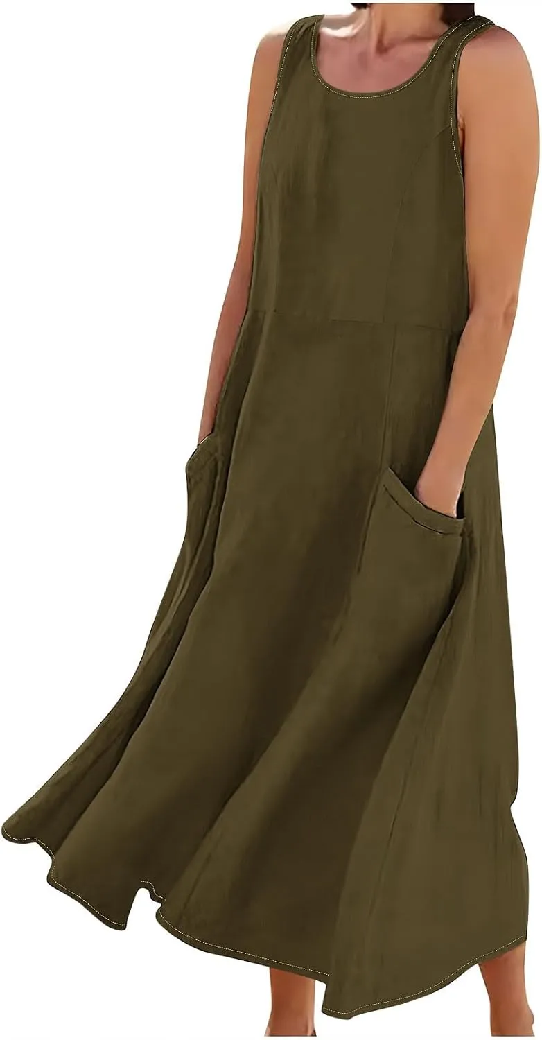 2025 Spring Long Dress for Women Sleeveless Round Neck Pleated Dress Ladies Solid Color Vacation Dresses with Pockets