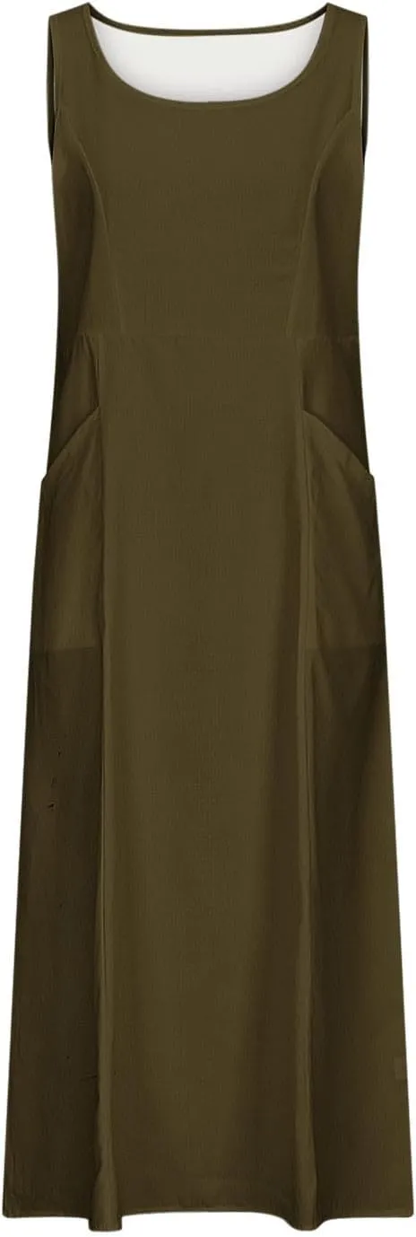 2025 Spring Long Dress for Women Sleeveless Round Neck Pleated Dress Ladies Solid Color Vacation Dresses with Pockets