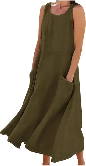2025 Spring Long Dress for Women Sleeveless Round Neck Pleated Dress Ladies Solid Color Vacation Dresses with Pockets