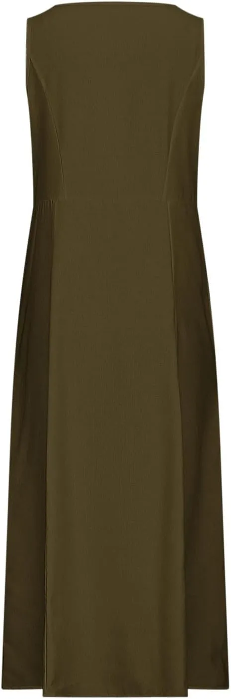 2025 Spring Long Dress for Women Sleeveless Round Neck Pleated Dress Ladies Solid Color Vacation Dresses with Pockets