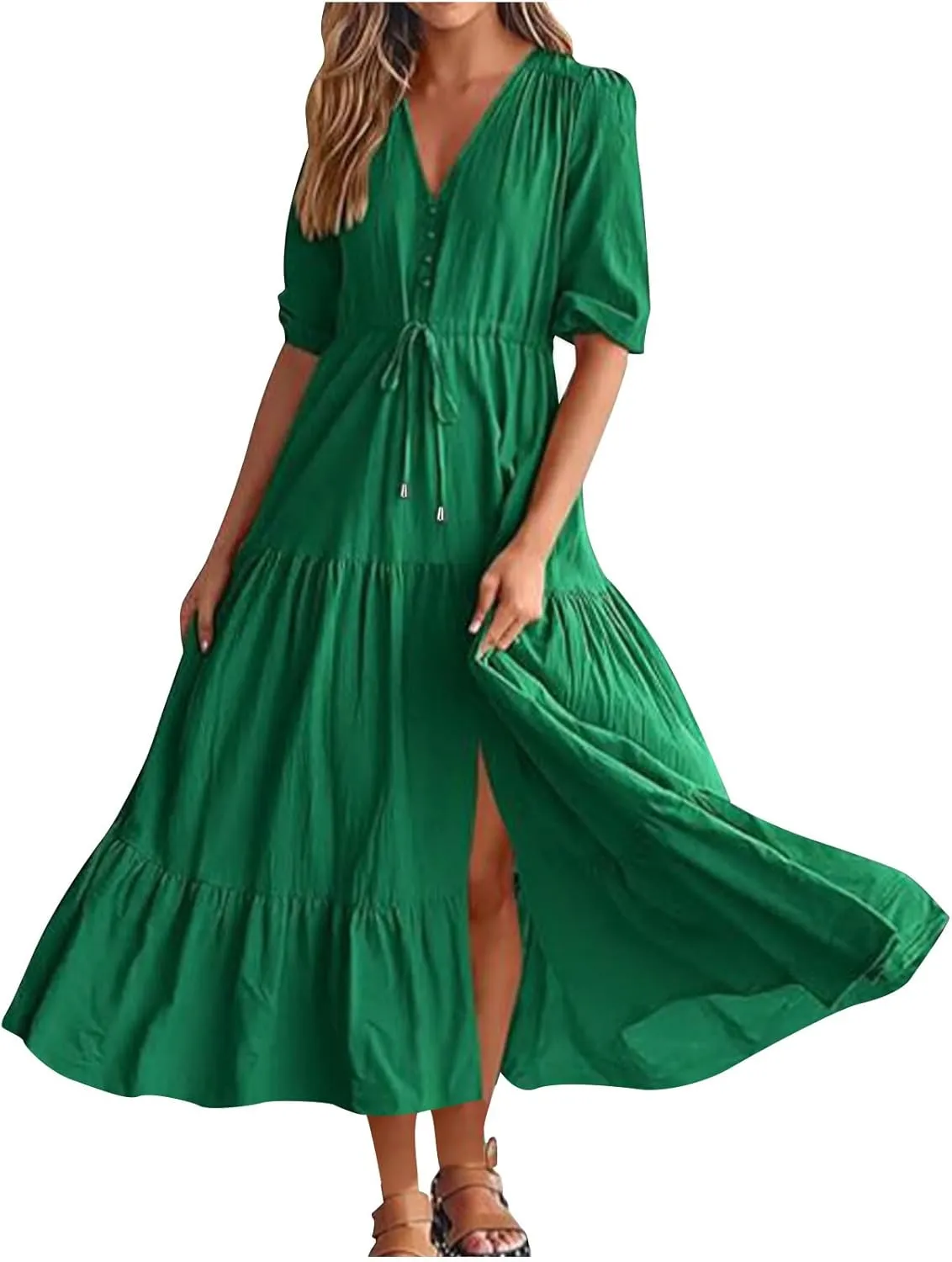 2025 Spring Summer Fashion Dress for Women Solid Color Pleated A-Line Home Dress Casual Button V-Neck Holiday Dresses