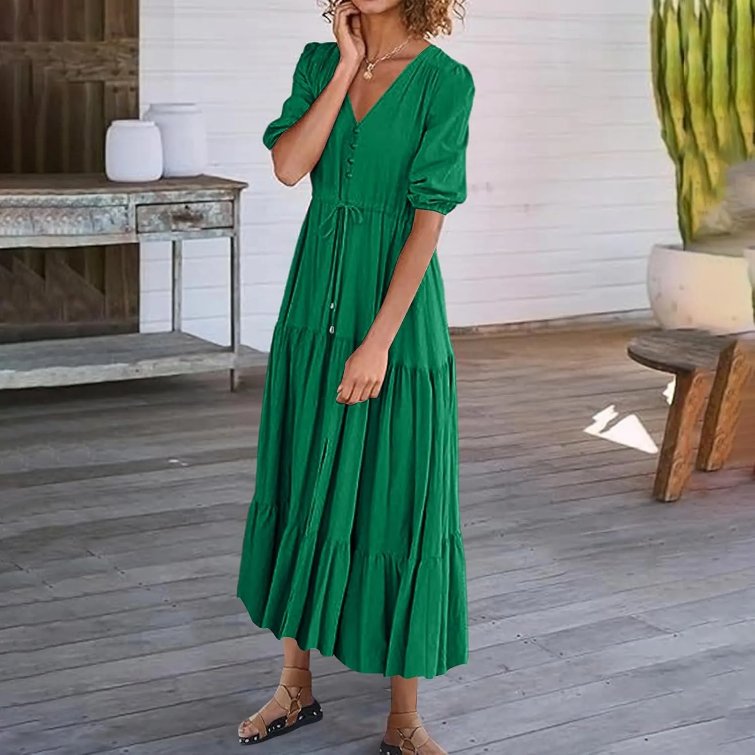2025 Spring Summer Fashion Dress for Women Solid Color Pleated A-Line Home Dress Casual Button V-Neck Holiday Dresses