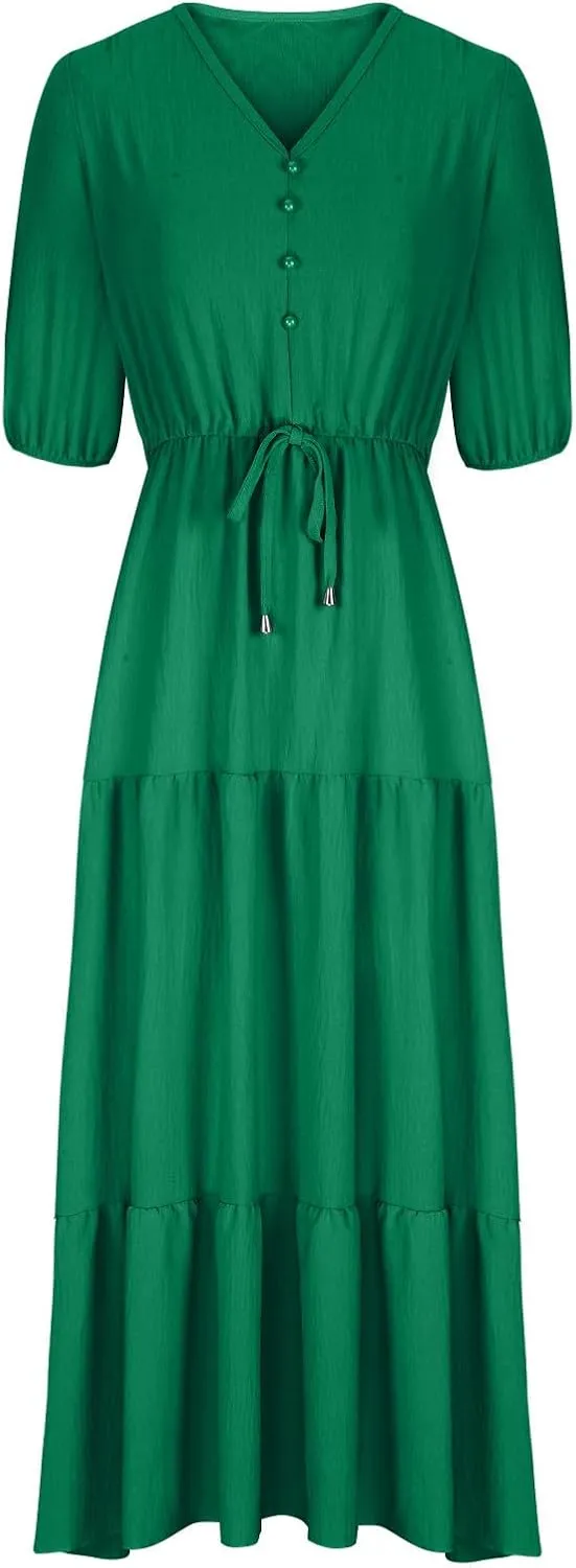 2025 Spring Summer Fashion Dress for Women Solid Color Pleated A-Line Home Dress Casual Button V-Neck Holiday Dresses