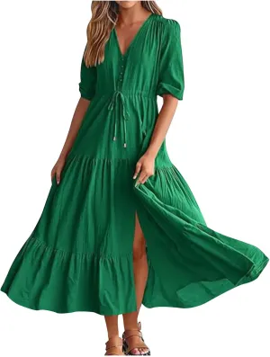 2025 Spring Summer Fashion Dress for Women Solid Color Pleated A-Line Home Dress Casual Button V-Neck Holiday Dresses