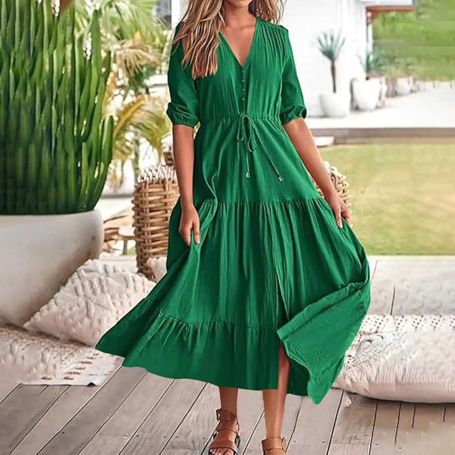 2025 Spring Summer Fashion Dress for Women Solid Color Pleated A-Line Home Dress Casual Button V-Neck Holiday Dresses