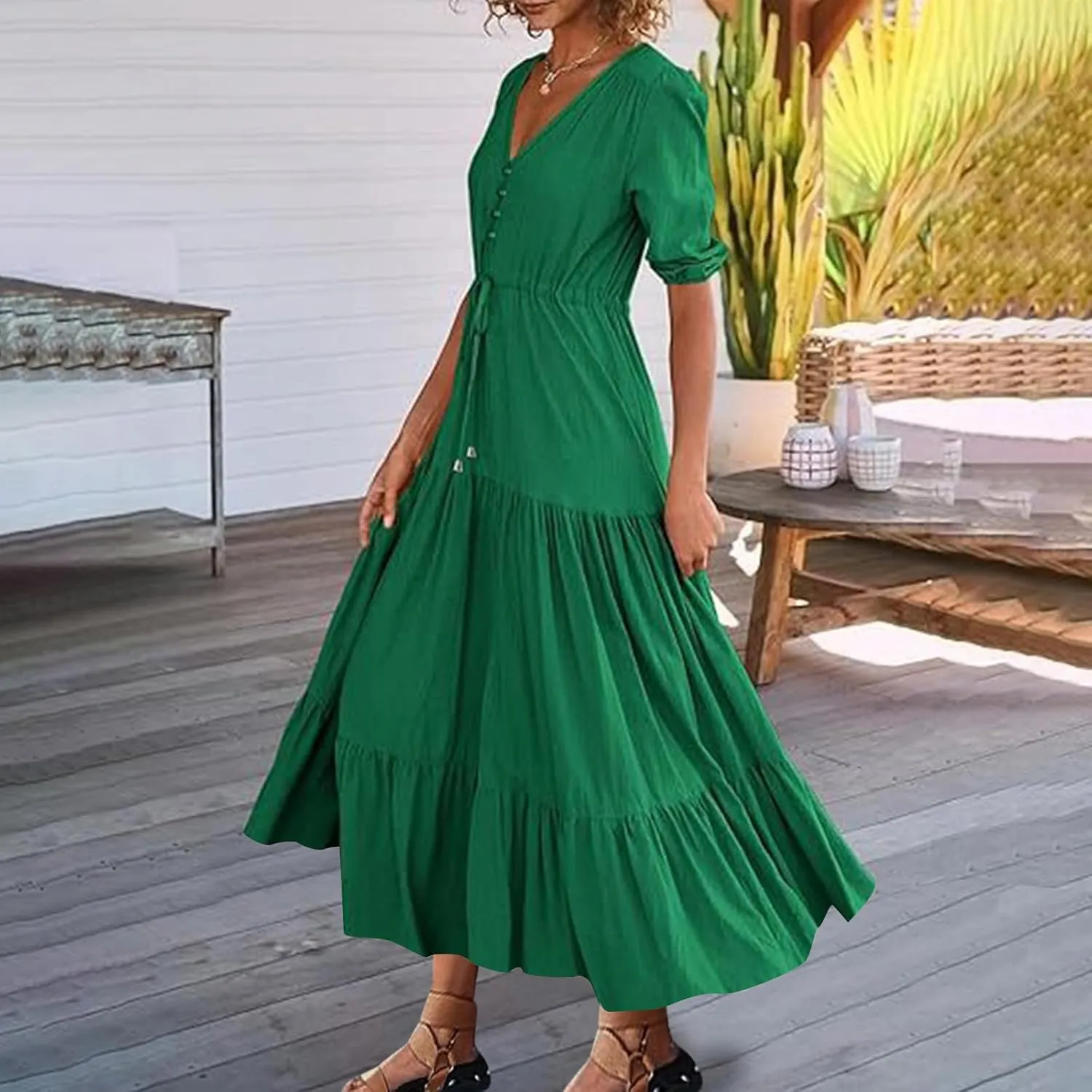 2025 Spring Summer Fashion Dress for Women Solid Color Pleated A-Line Home Dress Casual Button V-Neck Holiday Dresses