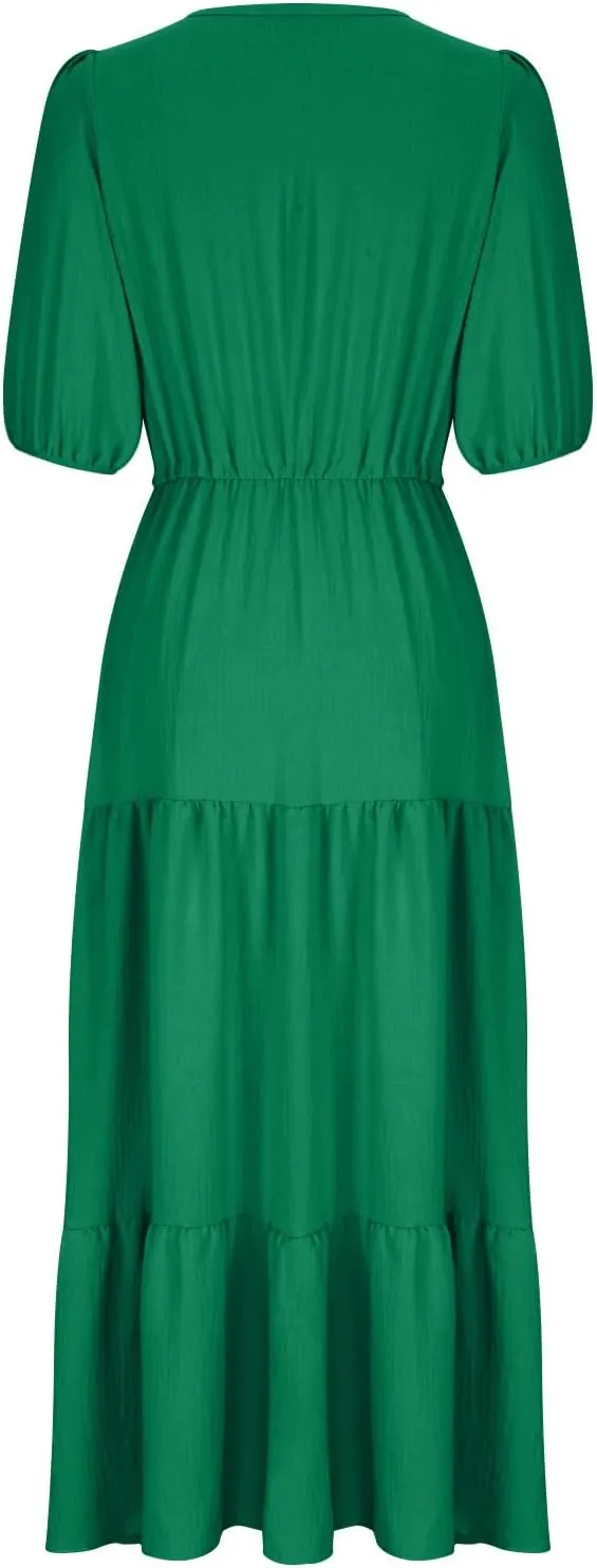 2025 Spring Summer Fashion Dress for Women Solid Color Pleated A-Line Home Dress Casual Button V-Neck Holiday Dresses