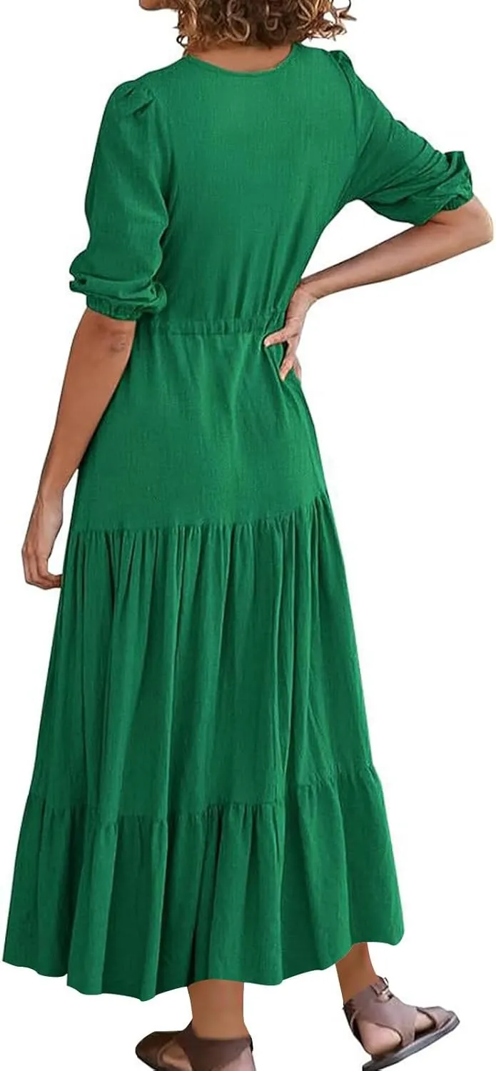 2025 Spring Summer Fashion Dress for Women Solid Color Pleated A-Line Home Dress Casual Button V-Neck Holiday Dresses