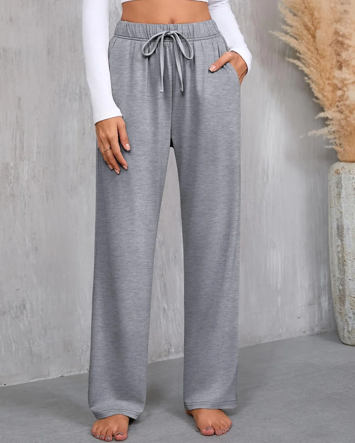3 Pack Women's Lounge Pants with Pockets Casual Wide Leg Drawstring Yoga Pants Straight Trousers Spring Bottoms
