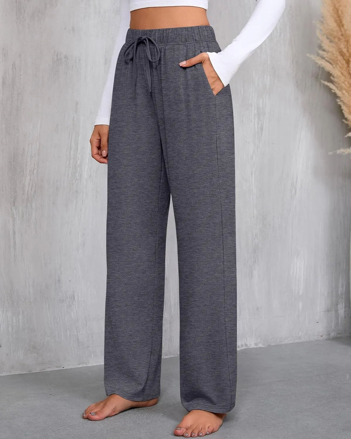 3 Pack Women's Lounge Pants with Pockets Casual Wide Leg Drawstring Yoga Pants Straight Trousers Spring Bottoms