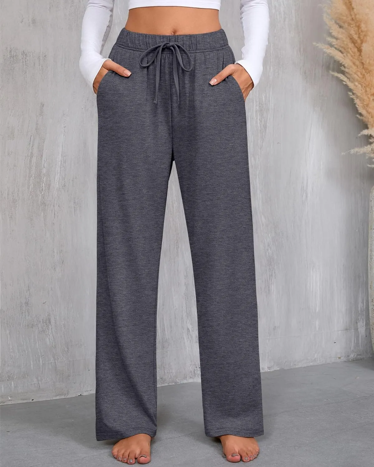 3 Pack Women's Lounge Pants with Pockets Casual Wide Leg Drawstring Yoga Pants Straight Trousers Spring Bottoms