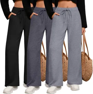 3 Pack Women's Lounge Pants with Pockets Casual Wide Leg Drawstring Yoga Pants Straight Trousers Spring Bottoms