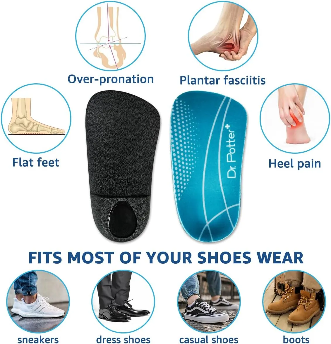 3/4 Orthotic Insoles, Shoe Inserts for Plantar Fasciitis Relief, High Arch Support Inserts for Flat Feet, Over-Pronation and Heel Pain (Medium(Men's 6.5-8.5 / Women's 7.5-9.5))