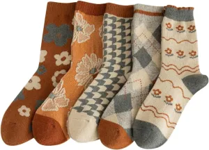 5/10 Pairs Wool Socks for Women Thick Knit Vintage Cute Floral Crew Socks