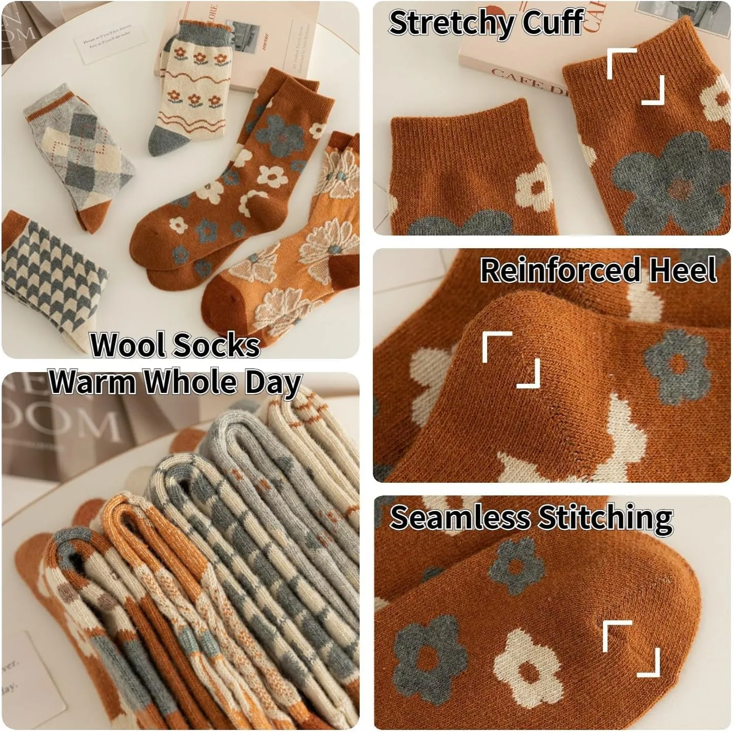 5/10 Pairs Wool Socks for Women Thick Knit Vintage Cute Floral Crew Socks