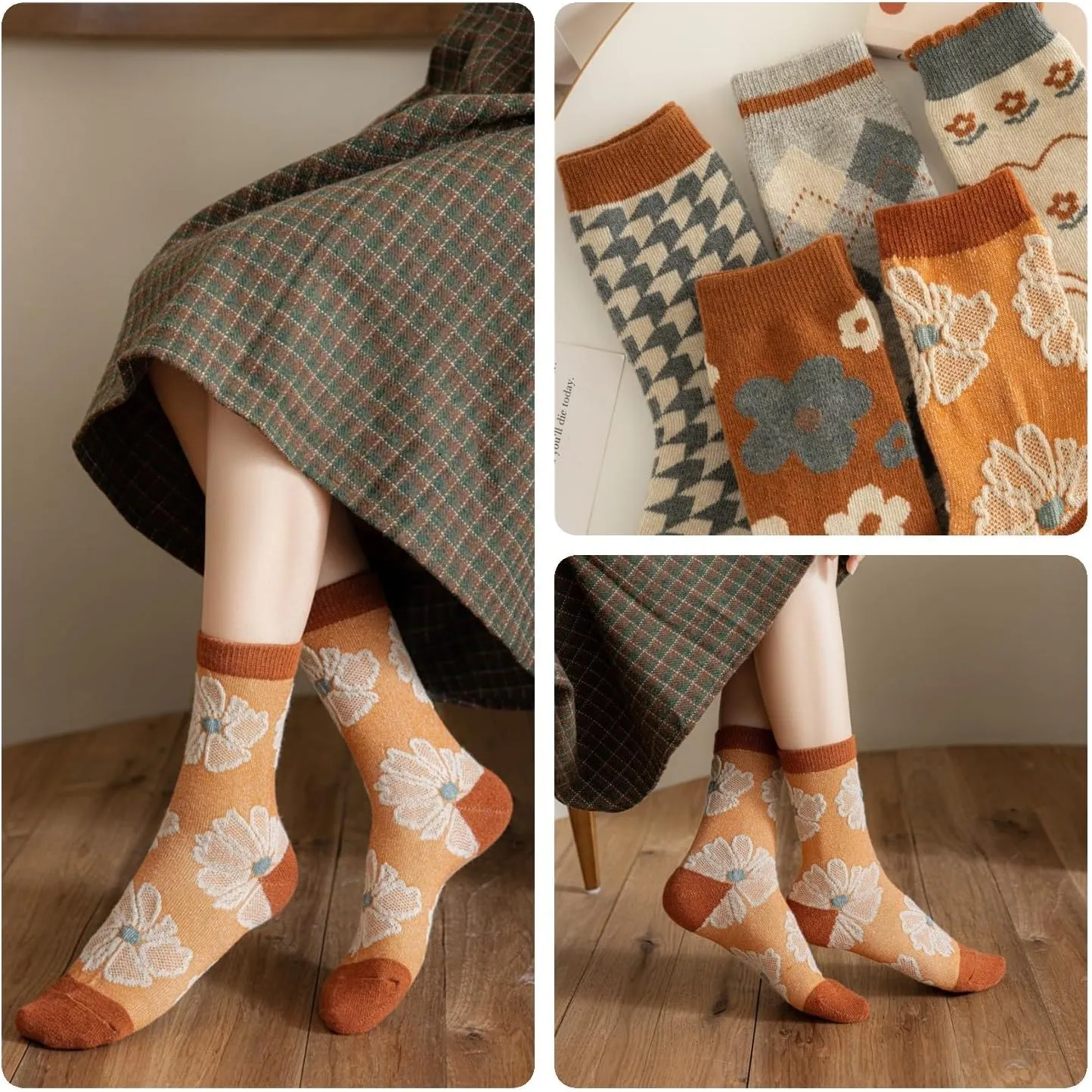 5/10 Pairs Wool Socks for Women Thick Knit Vintage Cute Floral Crew Socks