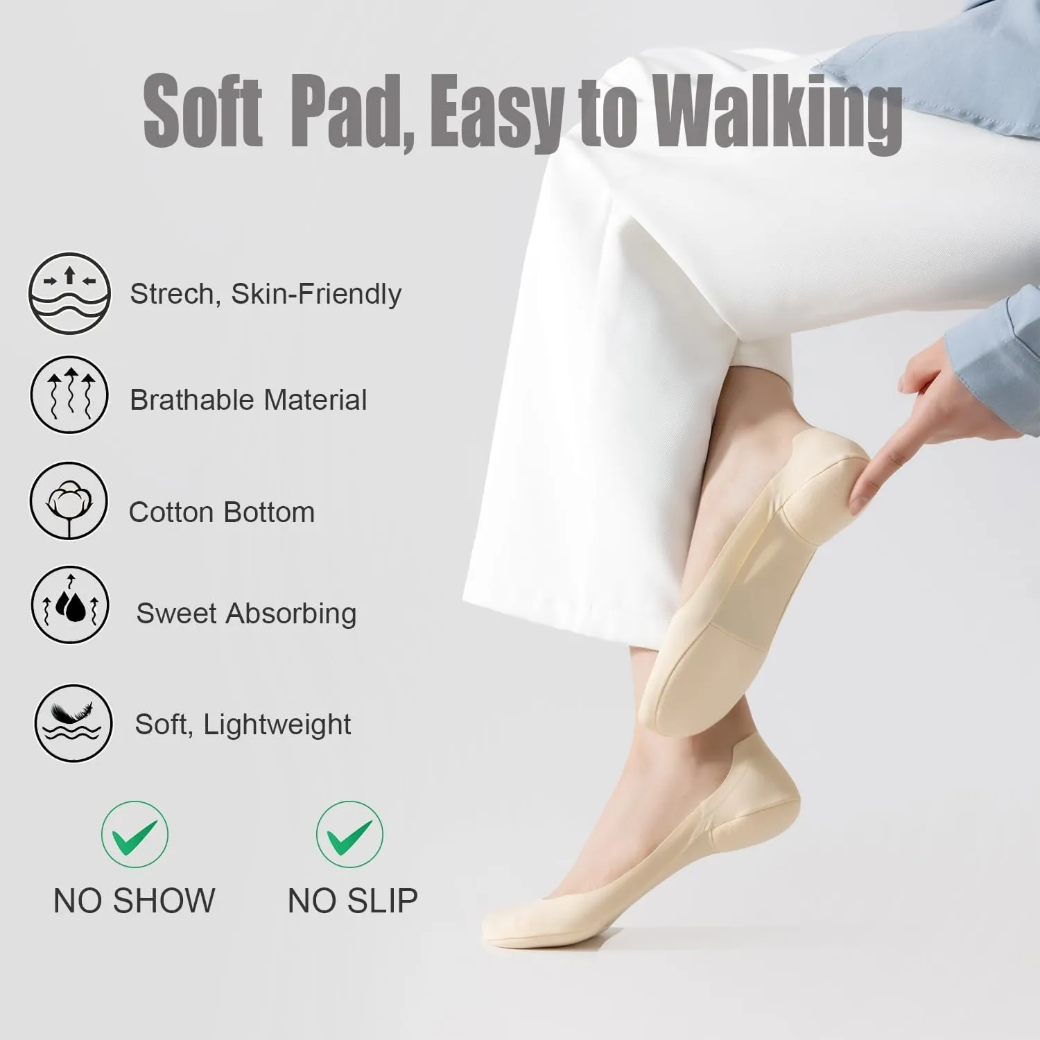 6 Pair Ultra Low Cut Invisible Womens No Show Socks With Padding For Flats Loafer, Size 5-7,8-10.5,11-13,