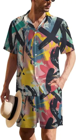 Abstract Graffiti ArtMen's Two-piece Casual Short-sleeved Shirt Summer Loose Vacation Suit