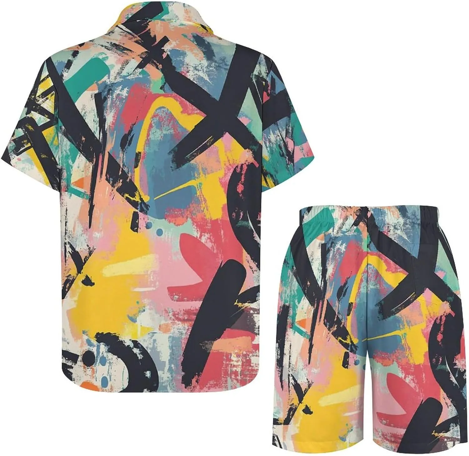 Abstract Graffiti ArtMen's Two-piece Casual Short-sleeved Shirt Summer Loose Vacation Suit