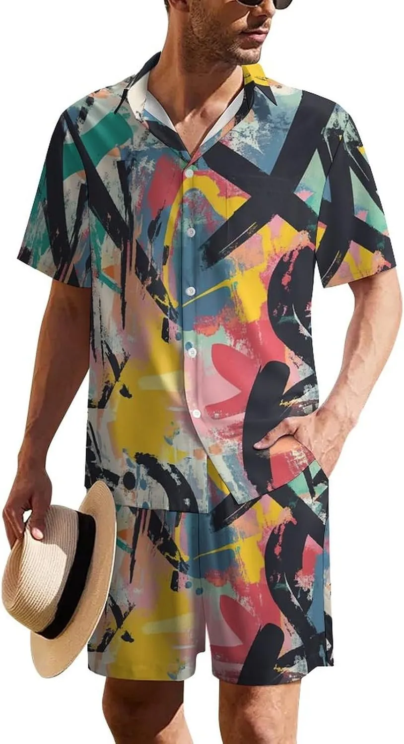 Abstract Graffiti ArtMen's Two-piece Casual Short-sleeved Shirt Summer Loose Vacation Suit