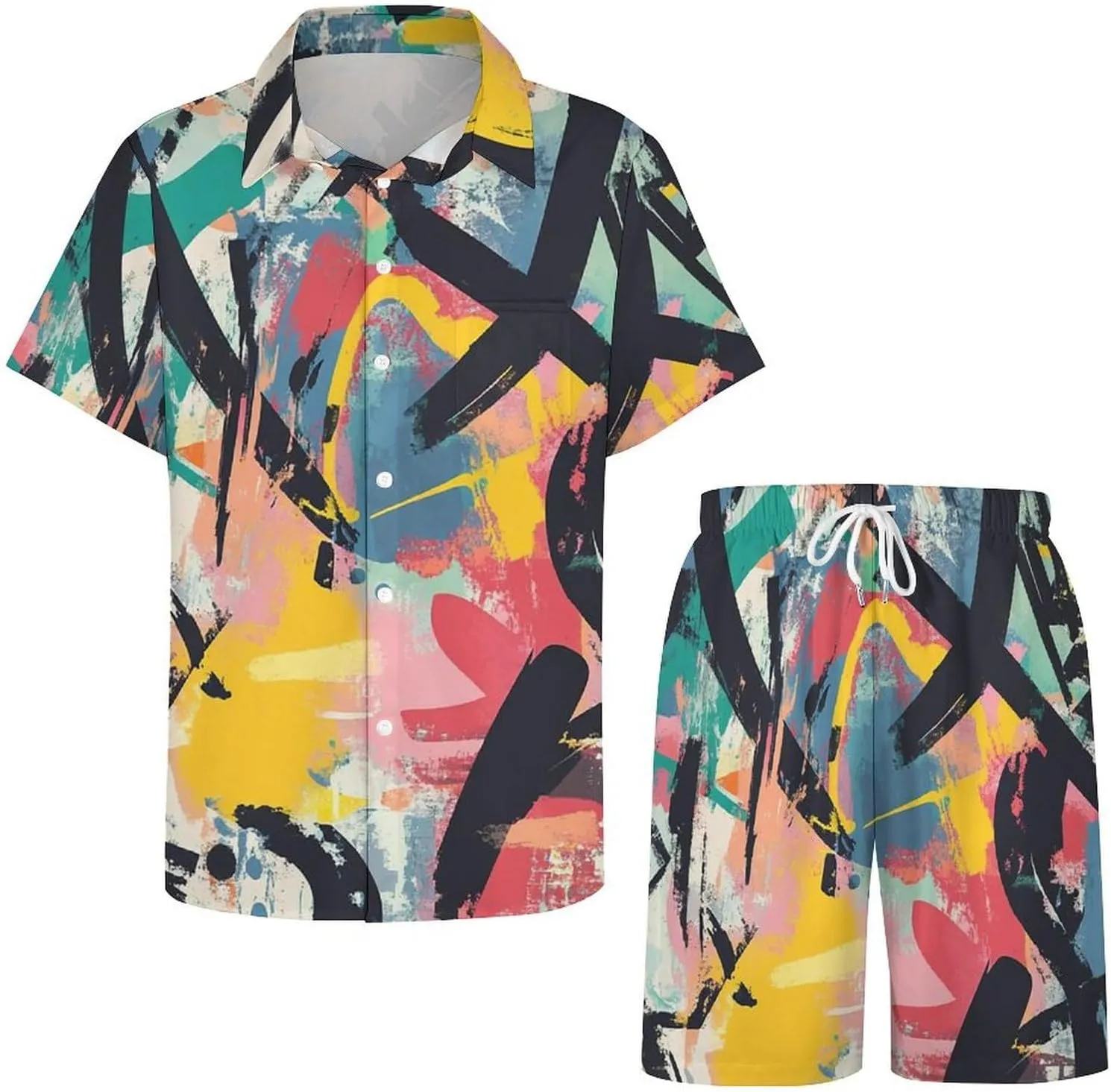 Abstract Graffiti ArtMen's Two-piece Casual Short-sleeved Shirt Summer Loose Vacation Suit