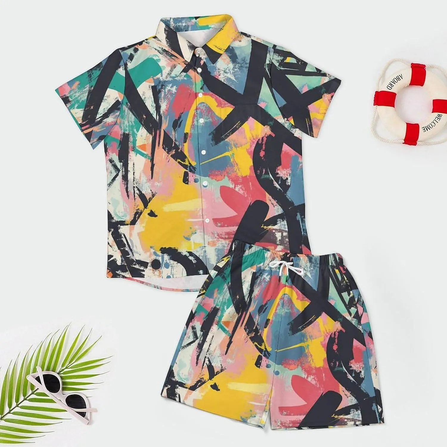 Abstract Graffiti ArtMen's Two-piece Casual Short-sleeved Shirt Summer Loose Vacation Suit