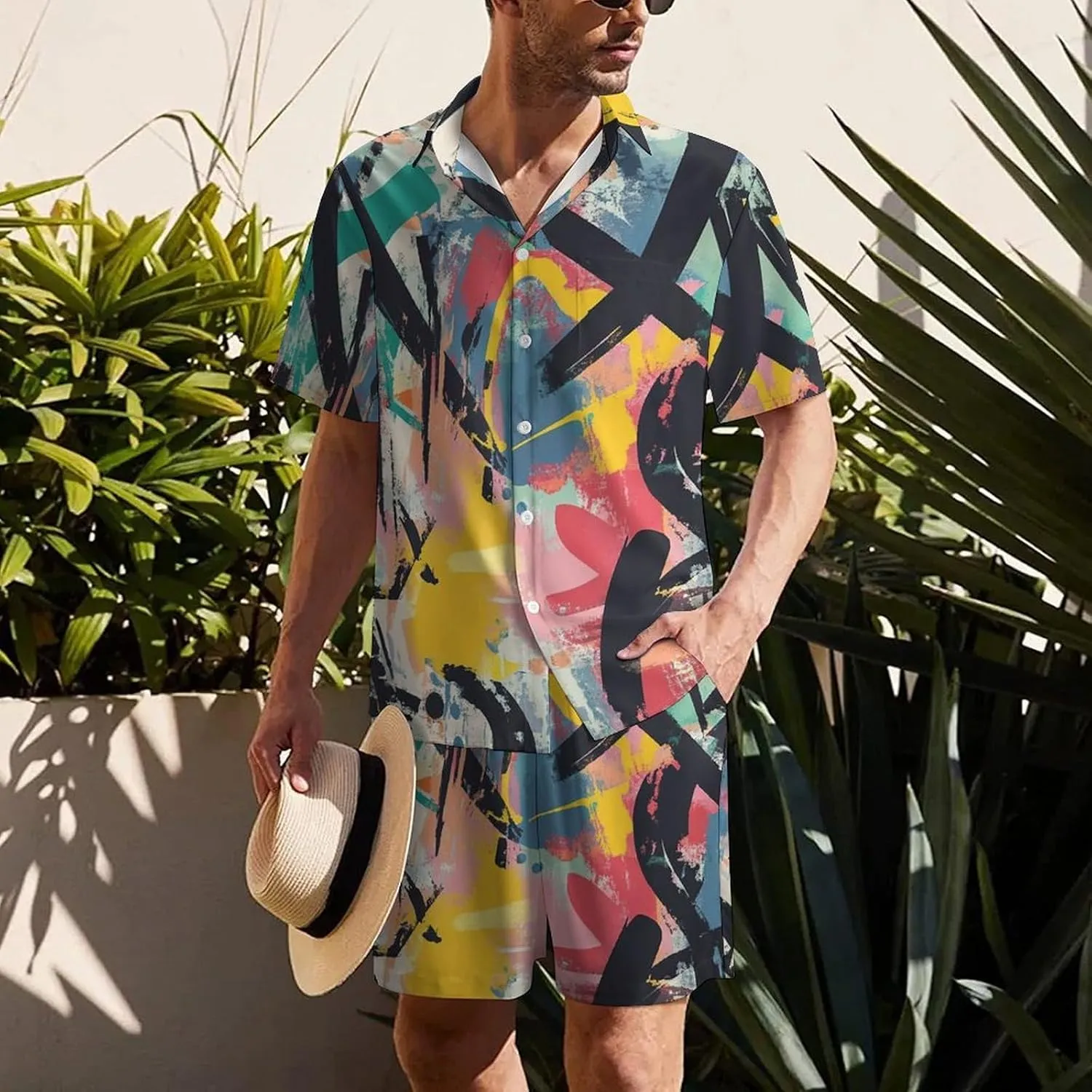 Abstract Graffiti ArtMen's Two-piece Casual Short-sleeved Shirt Summer Loose Vacation Suit