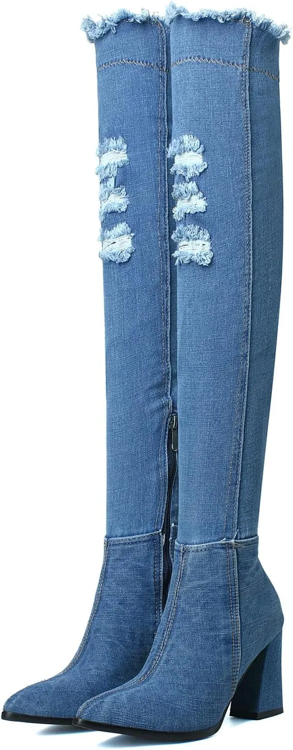 Agodor Women's Denim Thigh High Boots Cutout Over The Knee Blue Jean Boots