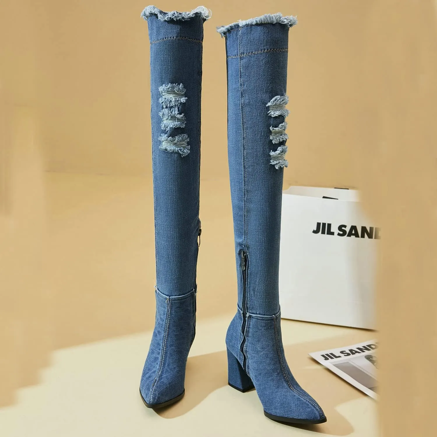 Agodor Women's Denim Thigh High Boots Cutout Over The Knee Blue Jean Boots