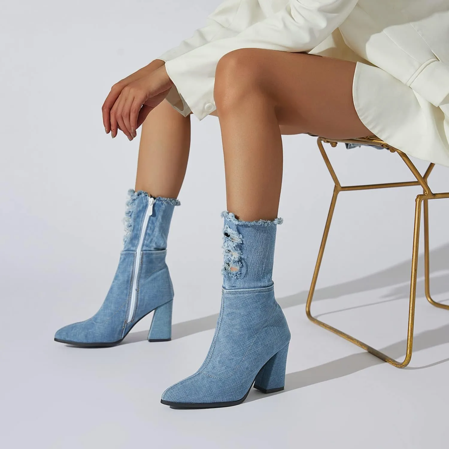 Agodor Women's Denim Thigh High Boots Cutout Over The Knee Blue Jean Boots