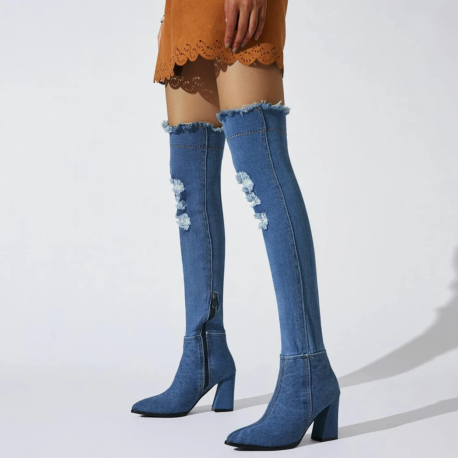 Agodor Women's Denim Thigh High Boots Cutout Over The Knee Blue Jean Boots