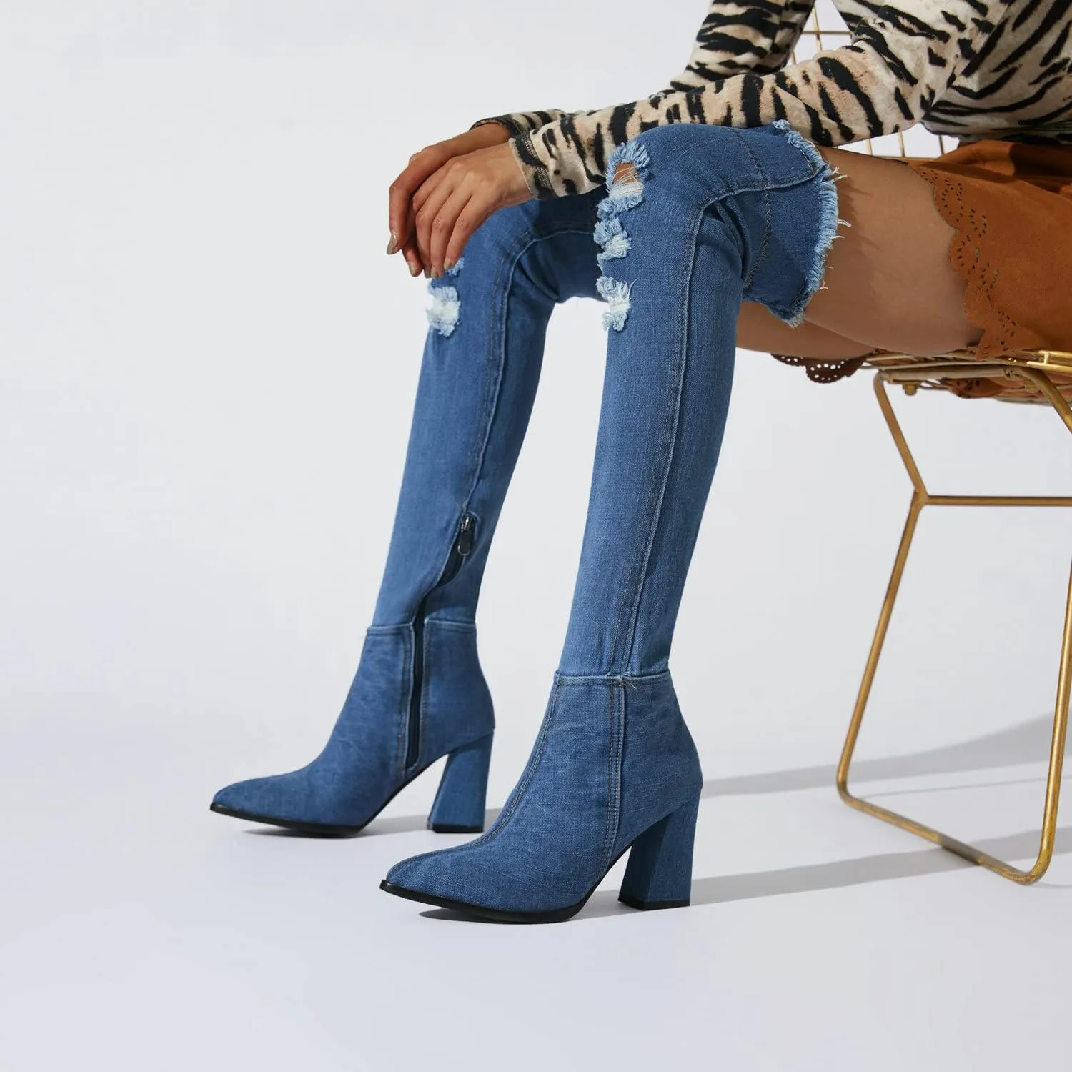 Agodor Women's Denim Thigh High Boots Cutout Over The Knee Blue Jean Boots