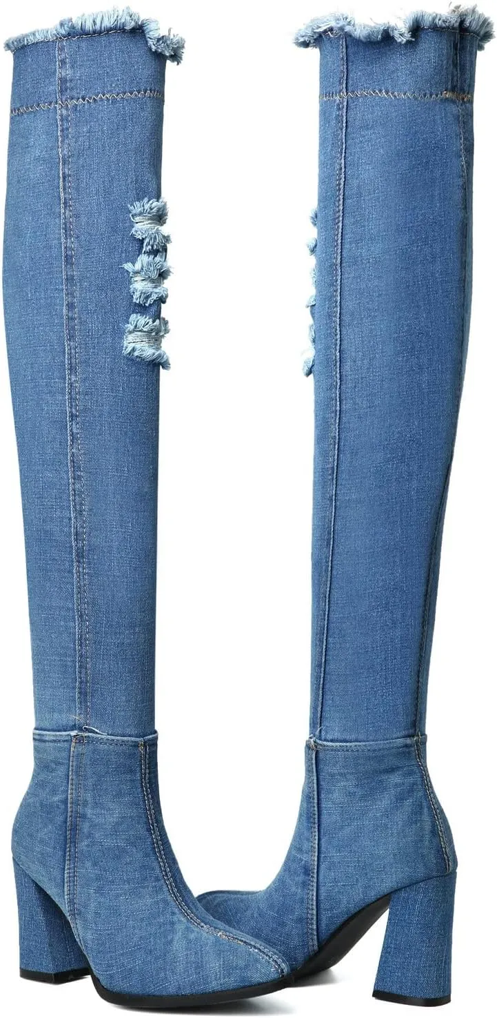 Agodor Women's Denim Thigh High Boots Cutout Over The Knee Blue Jean Boots