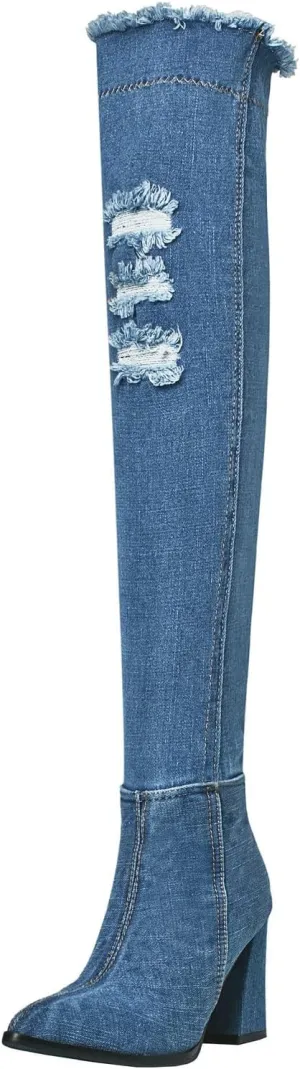 Agodor Women's Denim Thigh High Boots Cutout Over The Knee Blue Jean Boots
