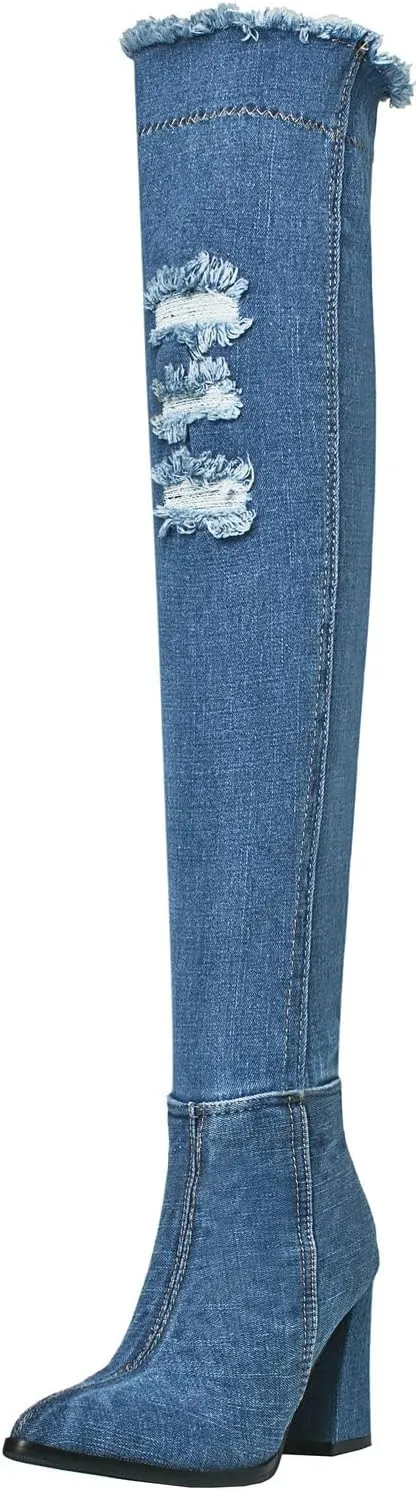 Agodor Women's Denim Thigh High Boots Cutout Over The Knee Blue Jean Boots
