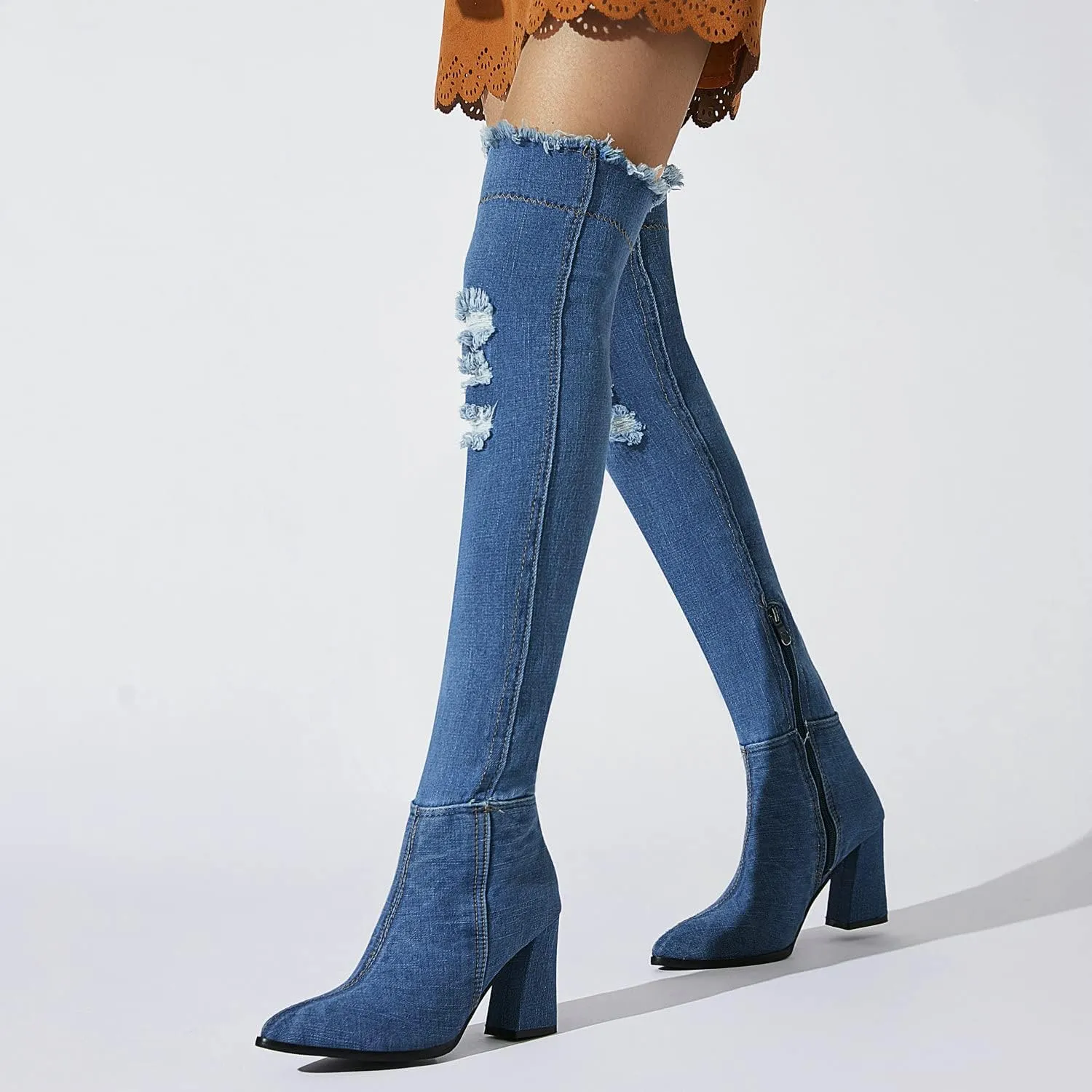 Agodor Women's Denim Thigh High Boots Cutout Over The Knee Blue Jean Boots