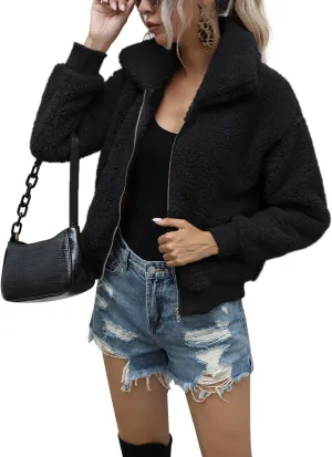 AKEWEI Women's Short Faux Fur Coat Casual Shaggy Jacket with Pockets Warm Winter Zip-Up Fluffy Outwear