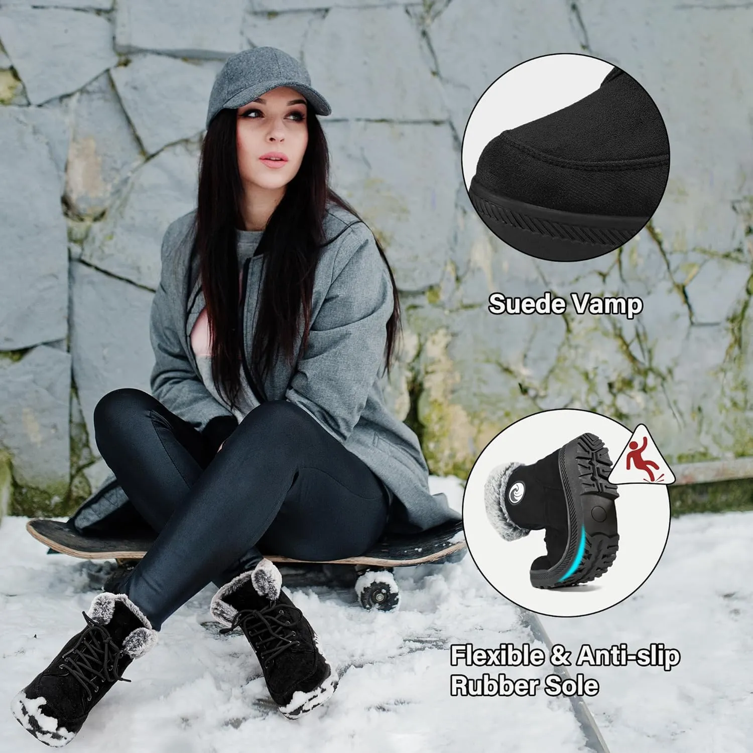 Alicegana Women Winter Boots Snow: Warm Cotton Fur Lined Winter Shoes Lace Up Comfortable Non Slip Ankle Platform Boots Outdoor