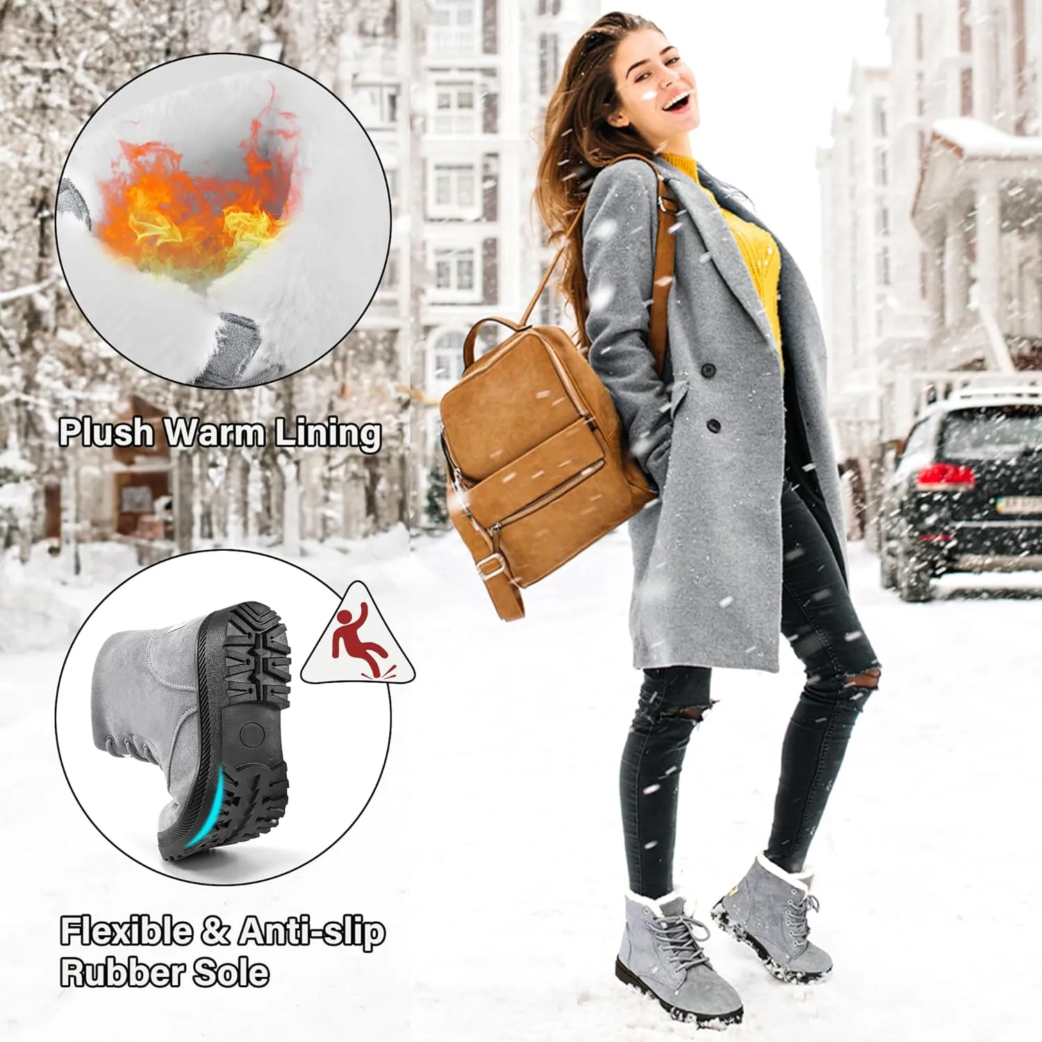 Alicegana Women Winter Boots Snow: Warm Cotton Fur Lined Winter Shoes Lace Up Comfortable Non Slip Ankle Platform Boots Outdoor