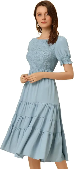 Allegra K Peasant Smocked Dress for Women's Short Sleeve Midi Summer Casual Tiered A-Line Dress