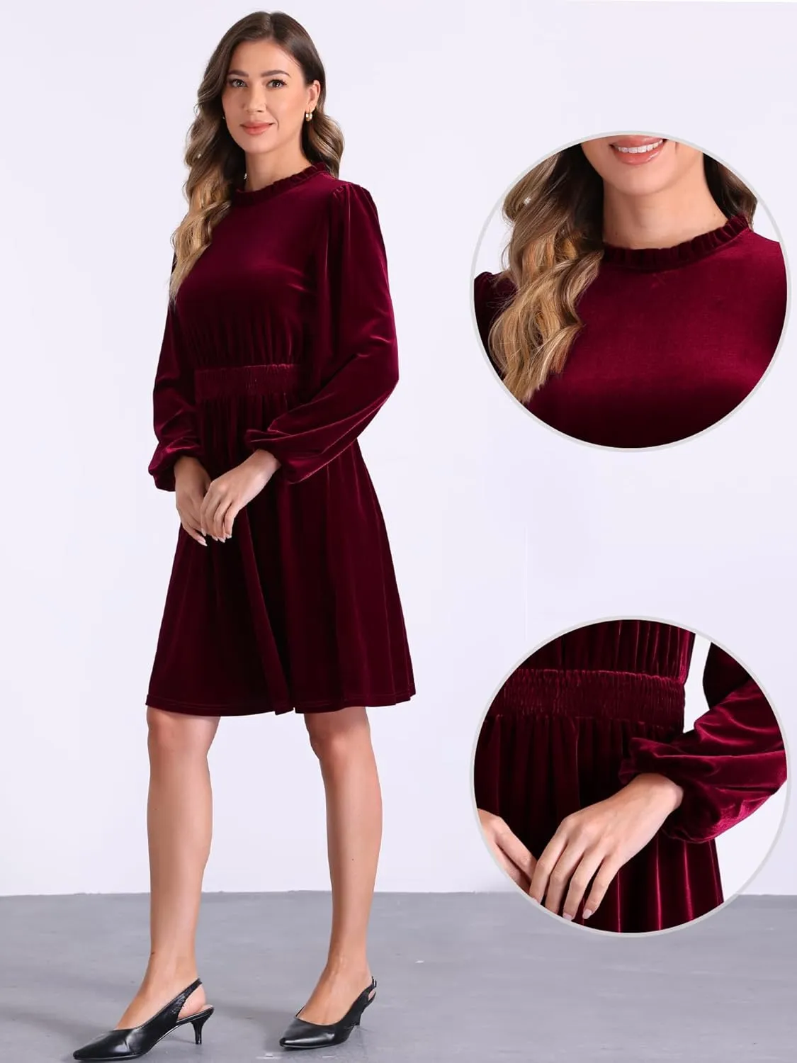 Allegra K Velvet Dresses for Women's Smocked Waistline Long Sleeve Wedding Guest Dress