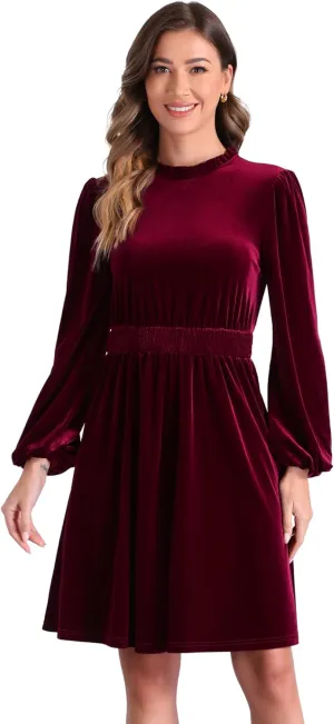Allegra K Velvet Dresses for Women's Smocked Waistline Long Sleeve Wedding Guest Dress