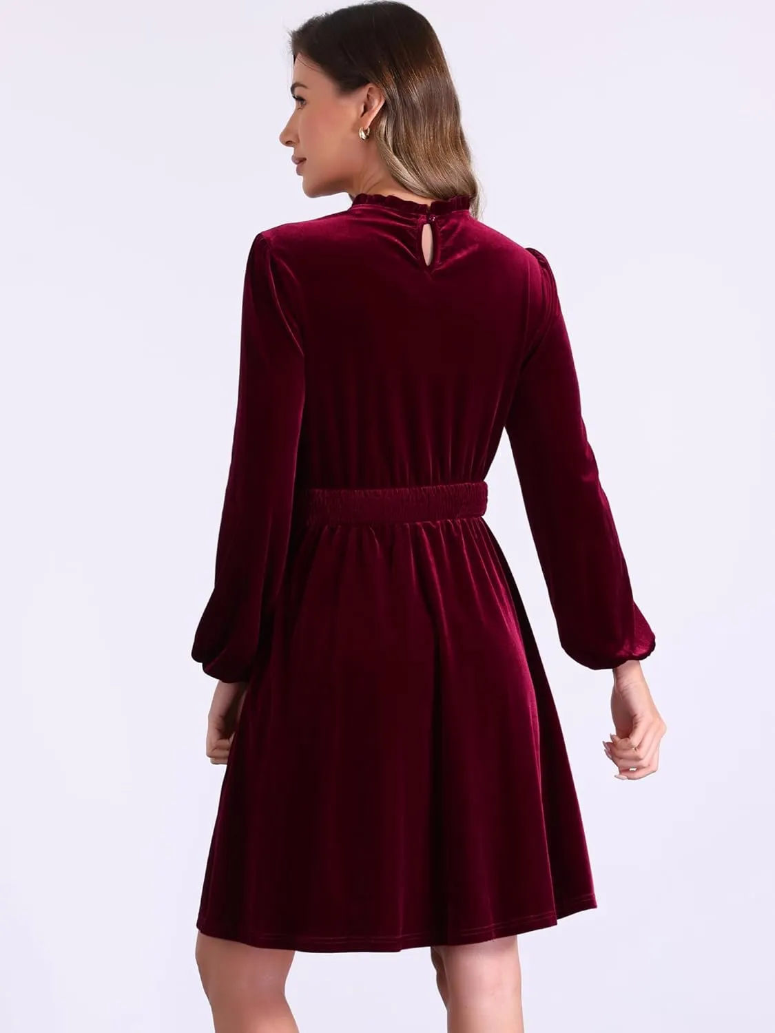 Allegra K Velvet Dresses for Women's Smocked Waistline Long Sleeve Wedding Guest Dress