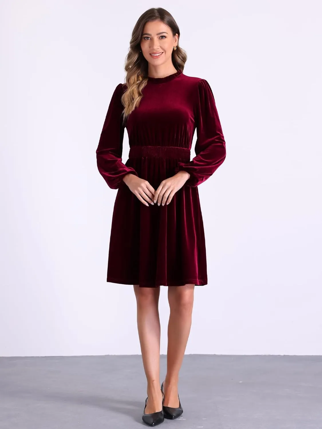 Allegra K Velvet Dresses for Women's Smocked Waistline Long Sleeve Wedding Guest Dress