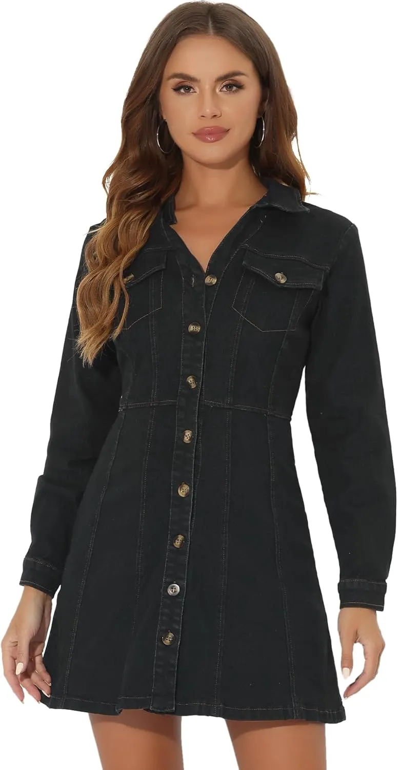 Allegra K Women's Denim Dress Button Down Collar V Neck Long Sleeve A-line Cotton Jean Dress