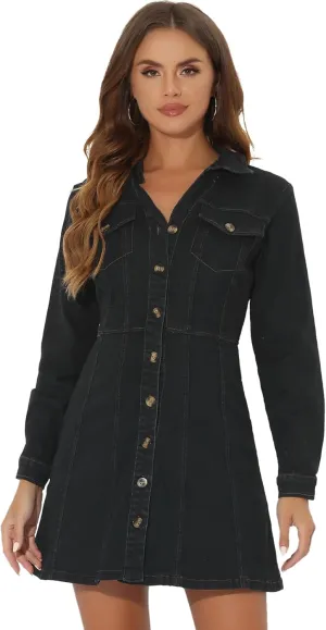 Allegra K Women's Denim Dress Button Down Collar V Neck Long Sleeve A-line Cotton Jean Dress