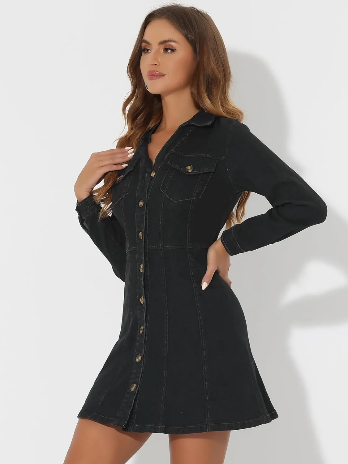 Allegra K Women's Denim Dress Button Down Collar V Neck Long Sleeve A-line Cotton Jean Dress