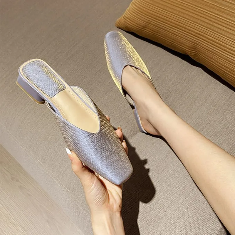 AngryMonkey Women Flats Mules Comfort Closed Toe Square Toe Backless Slides Chunky Low Heeled Sandals Slip On Leather Ballet Walking Loafers